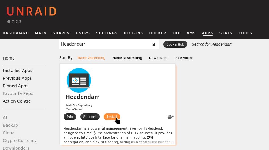 Unraid app search results showing Headendarr install button