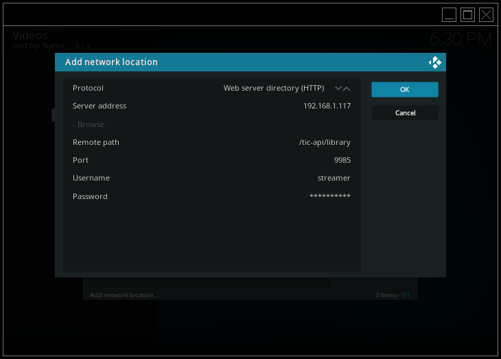 Kodi Add network location dialog configured for Headendarr