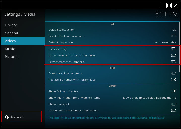 Kodi advanced video settings showing extraction options disabled