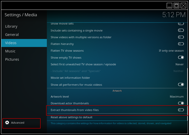 Kodi advanced video settings showing extraction options disabled