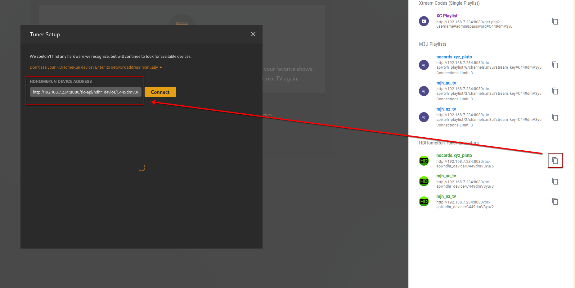 Copy HDHomeRun emulator URL