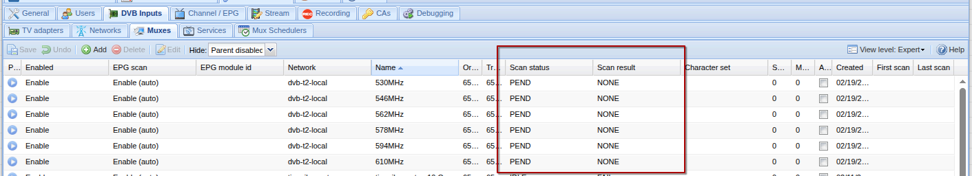 Muxes created and pending initial scan